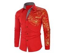 QIUNI Chemise Or Noir Luxe Hommes Nouvelle Slim Fit Manches Longues Or Noir Chemise Social Men Club Prom Shirt