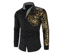 QIUNI Chemise Or Noir Luxe Hommes Nouvelle Slim Fit Manches Longues Or Noir Chemise Social Men Club Prom Shirt