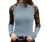 QIUNI Dentelle Creuse Manches Longues Vêtements Printemps et Automne Femmes Tricotées Col Roulé Pull Casual Soft O-Neck Jumper Mode Slim