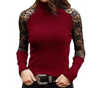 QIUNI Dentelle Creuse Manches Longues Vêtements Printemps et Automne Femmes Tricotées Col Roulé Pull Casual Soft O-Neck Jumper Mode Slim