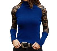 QIUNI Dentelle Creuse Manches Longues Vêtements Printemps et Automne Femmes Tricotées Col Roulé Pull Casual Soft O-Neck Jumper Mode Slim