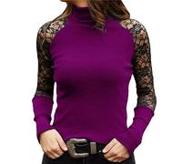 QIUNI Dentelle Creuse Manches Longues Vêtements Printemps et Automne Femmes Tricotées Col Roulé Pull Casual Soft O-Neck Jumper Mode Slim