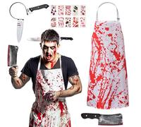 QIURUYUE Costume de boucher d'Halloween réglable de S à XL, costume de boucher pour adulte, costume effrayant pour homme, costume effrayant pour femme, couteau tranchant, bandeau de cheveux, 10