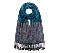 QIUTIMIY Châle pashmina réversible vintage en jacquard avec franges pour soirée, mariage, Fleur 5-bleu paon 2, 200 x 70 cm