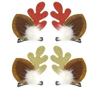 Qiuyan Lot de 2 paires de pinces à cheveux de Noël, oreilles de bois de renne avec boules en peluche, accessoires de cheveux mignons pour filles et femmes (rouge et doré)