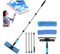Qivine 3 en 1 Lave Vitre Telescopique, Microfibre Nettoyeurs de Vitres avec Long Manche, Télescopique Raclette Vitre Professionnel pour Fenêtres, Voiture (Bleu 4 pôles)