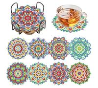 Qivine 8 Pièces Diamant Dessous de Verre, sous Verre pour Boissons avec Support en Métal, Dessous de Verre Originaux Bois Décoration dans la Cuisine ou la Salle à Manger de 10cm de Diamètre