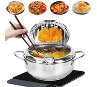 Qivine Friteuse Huile Japonaise Pot de Friteuse Tempura avec Thermomètre Tempura en Acier Inoxydable avec Grille de Vidange Amovible Pour Frire Poulet Français Poisson Sec (24 cm)