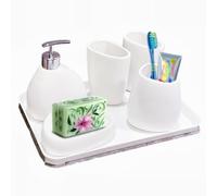 Qivine Set Salle de Bain Céramique 6 Pièces, Accessoire Salle de Bain avec Distributeur de Savon, Porte-Savon, Porte Brosse à Dent, Gobelet de Rinçage et Plateau, Décoration Moderne, Blanc