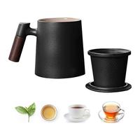 Qivine Tasse à Thé en Céramique avec Infuseur et Couvercle, 400ml Tasse a The avec Poignée en Bois, Tasse Multifonctionnelle pour Thés et Infusions, pour la Maison ou le Bureau (Noir)
