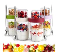 Qivra 4er Set Overnight Oats Jar 621ml, 16oz+5oz Pot de Yaourt en Verre avec Couvercle et 4pcs Cuillère, Bocaux en Verre pour Porridge pour Lait Céréales Fruits&Bol Muesli &Gris