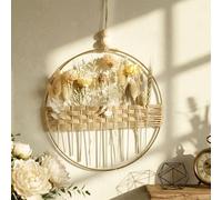 Qivra Couronne Fleurs Séchées, 25 * 25cm Murale Couronne de Fleurs Immortelles, Déco Murale Couronne à Suspendre en Métal Doré et Fleurs Séchées pour Intérieur et Extérieur