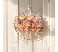 Qivra Couronne Fleurs Séchées Couleur, 25 * 25cm Murale Couronne de Fleurs Immortelles, Déco Murale Couronne à Suspendre en Métal Doré et Fleurs Séchées pour Intérieur et Extérieur