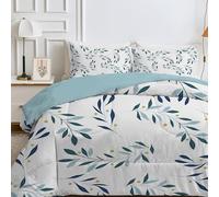 Qiwagu Couette 220x240 4 Saisons Blanc, Couette Imprimée Feuille Bleue pour lit 2 Personnes, Couette Réversible sans Housse, Lavable en Machine, Couette Légère 200GSM avec 2 Taies d'oreiller
