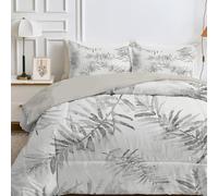 Qiwagu Couette 220x240 4 Saisons Blanc Imprimée Feuilles Grises pour Lit 2 Personnes Réversible sans Housse, Lavable en Machine, Légère 200GSM 2 Taies d'Oreiller