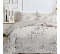 Qiwagu Couette 220x240 4 Saisons Gris, Couette Imprimée Plantes Fleurs pour lit 2 Personnes, Couette Réversible sans Housse, Lavable en Machine, Couette Légère 200GSM avec 2 Taies d'oreiller, C03
