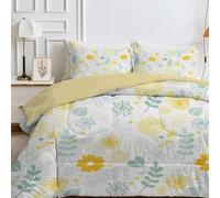 Qiwagu Couette 4 Saisons 240x260 cm Blanc, Couette Imprimée Fleurs Jaunes pour lit 2 Personnes, Couette Réversible sans Housse, Lavable en Machine, Couette Légère 200GSM avec 2 Taies d'oreiller