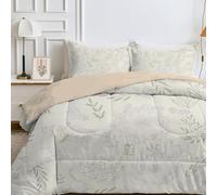 Qiwagu Couette 4 Saisons 240x260 cm Gris, Couette Imprimée Feuilles de Plantes pour lit 2 Personnes, Réversible sans Housse, Lavable en Machine, Légère 200GSM avec 2 Taies d'oreiller