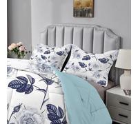 Qiwagu Couette Imprimée Fleur Bleue, Couette 220x240 pour 2 Personnes, Couette 4 Saisons 200GSM Legere et Chaude, Couette Blanc Réversible Lavable avec 2 Taies d'oreiller