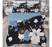 Qiwagu Couette Imprimée Fleurs Bleues, Couette 200x200 pour 2 Personnes, Couette Noir avec 2 Taies d'oreiller, C36