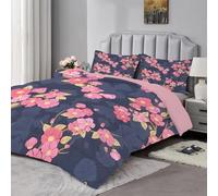Qiwagu Couette Imprimée Fleurs Roses, Couette 140x200 pour 1 Personne, 2 Pièces, Bleu Foncé, Réversible Lavable avec 1 Taie d'oreiller, A1050