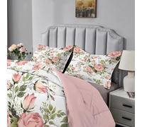 Qiwagu Couette Imprimée Fleurs Roses, Couette 220x240 pour 2 Personnes, Couette 4 Saisons 200GSM Legere et Chaude, Couette Blanc Réversible Lavable avec 2 Taies d'oreiller