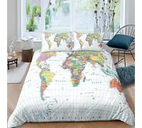Qiwagu Housse de Couette 140x200 Carte Colorée, Parure de Lit 1 Personne Carte du Monde en Microfibre avec Fermeture Éclair, Set de Housse de Couette avec 1 Taie d'oreiller 65x65 cm, CGD14