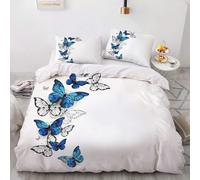 Qiwagu Housse de Couette 160x200 Papillon Bleu Blanc, Parure de Lit 1 Personne Papillon en Microfibre avec Fermeture Éclair, Set de Housse de Couette avec 2 Taies d'oreiller 65x65 cm, Z24