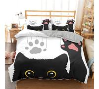 Qiwagu Housse de Couette 220x240 Empreinte de Patte, Parure de Lit 2 Personnes Adorable Chat Noir en Microfibre avec Fermeture Éclair, Set de Housse de Couette avec 2 Taies d'oreiller 65x65 cm, Z17