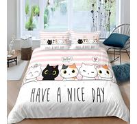 Qiwagu Housse de Couette 240x260 Rayures Roses Fille Enfant, Parure de Lit 2 Personnes Adorable Petit Chaton en Microfibre, Set de Housse de Couette avec 2 Taies d'oreiller 65x65 cm, Z14