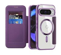 QIWEIQING Coque Magnétique pour Google Pixel 10 Etui Compatible avec MagSafe, Dos Transparente Anti-Choc Anti-Rayures Flip Étui en Cuir Housse Case pour Google Pixel 10 / Pixel 10 Pro. Violet JDC