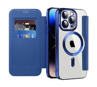 QIWEIQING Coque Magnétique pour iPhone 14 Pro Compatible avec MagSafe, RFID Blocage Porte Carte Protection de la Caméra Étui à Rabat Transparente Housse pour iPhone 14 Pro. Bleu JDC