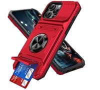 QIWEIQING Coque pour iPhone 16 Pro avec Porte Carte, Protection Caméra Anneau Magnétique Béquille, Protection Militaire Antichoc Étui Anti-Rayures Housse pour iPhone 16 Pro. Rouge LM