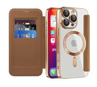 QIWEIQING Étui Magnétique pour iPhone 16 Pro Max, Compatible avec MagSafe Blocage RFID Housse à Rabat en Cuir Coque de Téléphone Transparente Antichoc Coque pour iPhone 16 Pro Max.Marron JDC