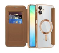 QIWEIQING Étui Magnétique pour Samsung Galaxy A07, Compatible avec MagSafe Blocage RFID Housse à Rabat en Cuir Coque de Téléphone Transparente Antichoc Coque pour Galaxy A07 / A06.Marron JDC