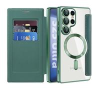 QIWEIQING Magnétique Coque pour Samsung Galaxy S25 Ultra avec Mag-Safe, Housse en Cuir PU Premium Protection Etui à Rabat Fentes Carte Pochette de Antichoc pour Samsung S25 Ultra. Vert JDC