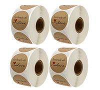 Qiwenr Kraft Papier Autocollants"Handmade with Love" 2.5cm Rond Étiquette Adhésives Rouleau Kraft Fait À La Main avec Amour Autocollant Label pour DIY Cuisson Scrapbooking Cadeau 4 Rouleau 2000 Pièces
