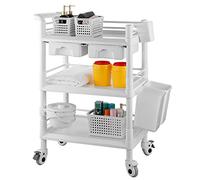 Qiwey Chariot utilitaire médical avec tiroirs, chariot d'esthétique à 3 niveaux avec roulettes pour salon de beauté, spa, hôpital, bureau, laboratoire - Blanc