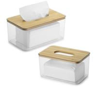 QIWODE Boîte à Mouchoirs Rectangulaire Decorative, Boite Mouchoirs Plastique avec Couvercle Bambou, Distributeur de Mouchoirs pour Maison, Bureau, Restaurant, Transparent (Paquet de 2)