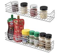 QIWODE Porte Epices Mural Cuisine, Etagere a Epices Murale, Etagere Epices Cuisine Montages Adhesif ou Percage, 8,0P x 40,0l x 6,0H cm, Métal, Argent (Paquet de 2)