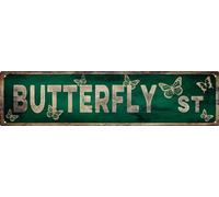 QIXFGUL Plaque de rue vintage rétro en métal avec papillon - Décoration murale élégante - Parfait pour la décoration de la maison, de la salle de bain, de la cuisine, de la maison et de la maison -