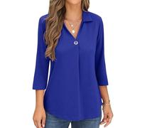 QIXING Chemisier décontracté à manches longues/courtes pour femme avec col en V et col Johnny à boutons, A04 Bleu roi, M