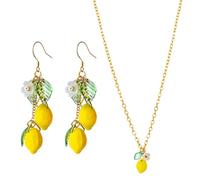 QIXNBL 1 Paire De Boucles d'oreilles Citron, 1 Collier Pendentif Citron, Jolies Boucles d'oreilles Fruits, Collier Petite Fille, Accessoires De Vacances D'Été.