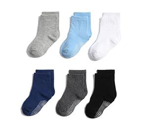 QIYIENDIAN 6 paires de chaussettes antidérapantes confortables et chaudes avec poignées pour bébé, tout-petit, enfants, garçons, filles（6-12 mois，2-A Six couleurs）