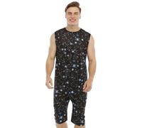 QIYUANT Combinaison Pyjama Court Homme Grenouillères Fermeture à Glissière Inférieure sans Manches Short Été Confortable Adulte Une Piece Homewear Survêtement Onesie (Ciel étoilé, S)