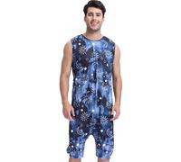 QIYUANT Combinaison Pyjama Court Homme Grenouillères Fermeture à Glissière Inférieure sans Manches Short Été Confortable Adulte Une Piece Homewear Onesie (Soleil, Lune et Étoile Bleu Marine, XL)
