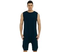 QIYUANT Combinaison Pyjama Court Homme Grenouillères Fermeture à Glissière Inférieure sans Manches Short Été Confortable Adulte Une Piece Homewear Survêtement Onesie (Bleu Marine, M)