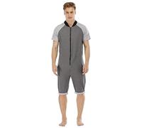 QIYUANT Combinaison Pyjama Court Hommes Grenouillères a Capuche Manches Courtes Short Été Confortable Zippé Adulte Une Piece Homewear Survêtement Onesie (Gris Foncé, Gris Clair, XXL)