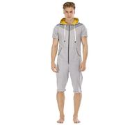 QIYUANT Combinaison Pyjama Court Hommes Grenouillères a Capuche Manches Courtes Short Été Confortable Zippé Adulte Une Piece Homewear Survêtement Onesie (Gris, Jaune, M)