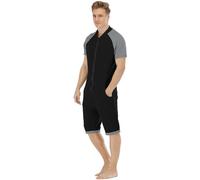 QIYUANT Combinaison Pyjama Court Hommes Grenouillères a Capuche Manches Courtes Short Été Confortable Zippé Adulte Une Piece Homewear Onesie Survêtement (Noir, Gris foncé, L)